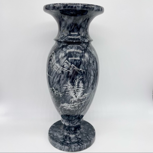 Accents Marble Stone Vase Gray With White Etched Engraved Landscape